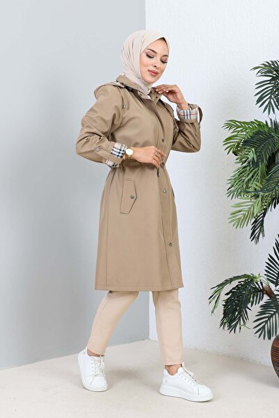 İmajButik Mink Plus Size Hooded Trench Coat