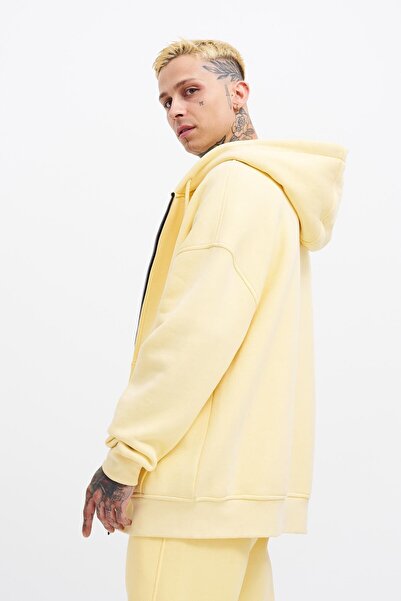 Machinist Erkek Basic Fermuarlı Cepli Kapüşonlu Oversize Sarı Sweatshirt