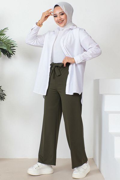 İmajButik High Waist and Wide Leg Khaki Trousers