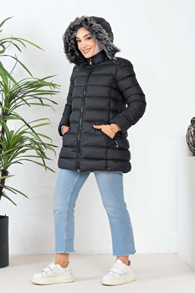 İmajButik Siyah Kapüşonlu Fermuarlı Kısa Şişme Mont