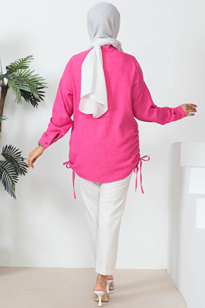 İmajButik Linen Shirt with Fuchsia Side Detail