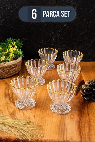 BLN BELEN HOME Cam 6’lı Magnolia Dondurmalık & Çerezlik Seti (yaldızlı)