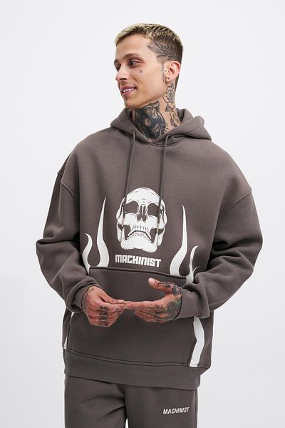 Machinist Men's Fire Printed Oversize Anthracite Sweatshirt