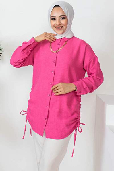 İmajButik Linen Shirt with Fuchsia Side Detail