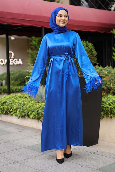 İmajButik Saks Blue Sleeve Feathered Satin Dress