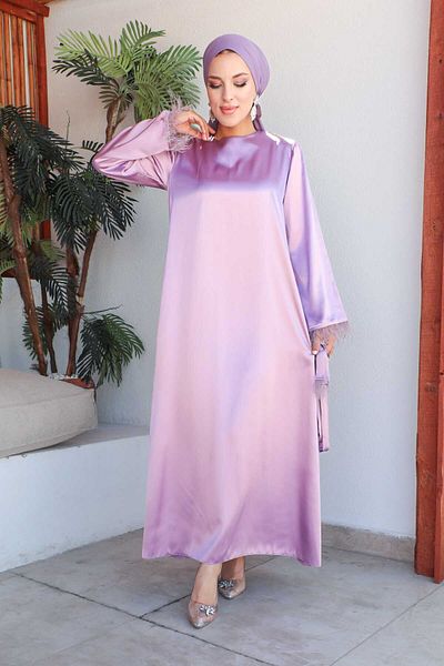 İmajButik Lilac Sleeve Feathered Satin Dress