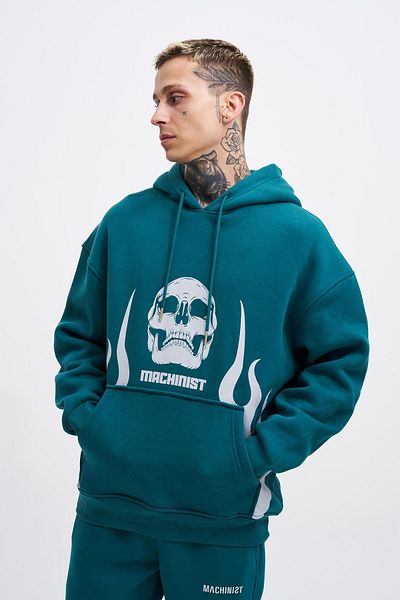 Machinist Hanorac oversize, verde petrol, cu imprimeu foc pentru bărbați
