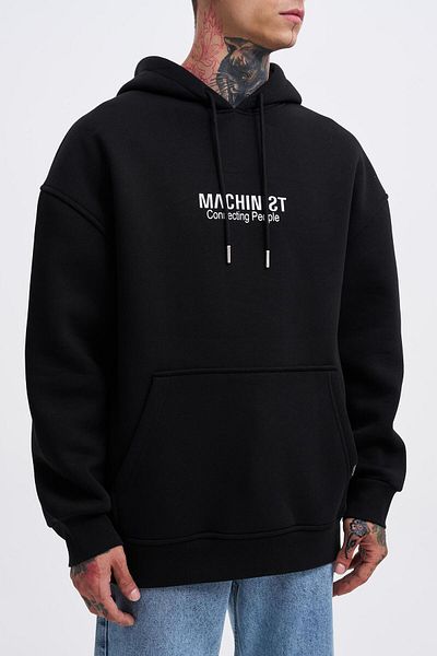 Machinist Men's Connecting People Printed Hooded Black Sweatshirt