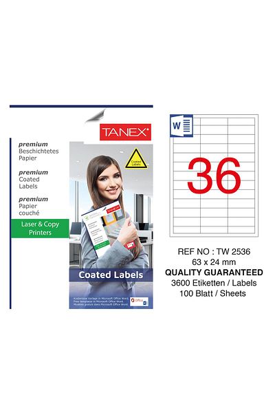 Tanex Tw-2536 63X24Mm Coated Laser Label 100 Pack