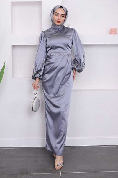 İmajButik Βραδινό φόρεμα με μανίκια και πέτρα με κέντημα σε γκρι