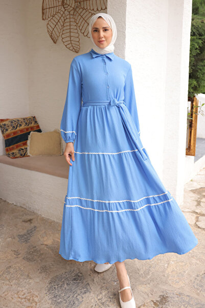 İmajButik Blue Sleeve Elastic Hem Folded Stripe Wrinkled Dress
