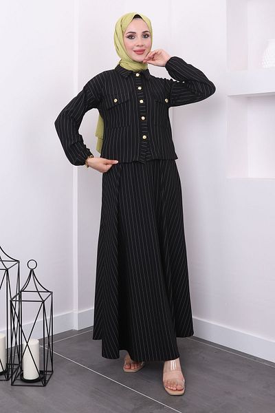 İmajButik Black Striped Jacket and Skirt Set - Pocketed