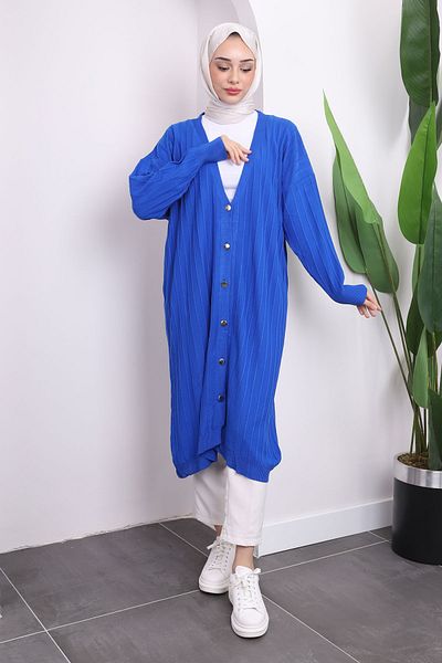İmajButik Saks Blue Buttoned Long Knitwear Mercerized Cardigan
