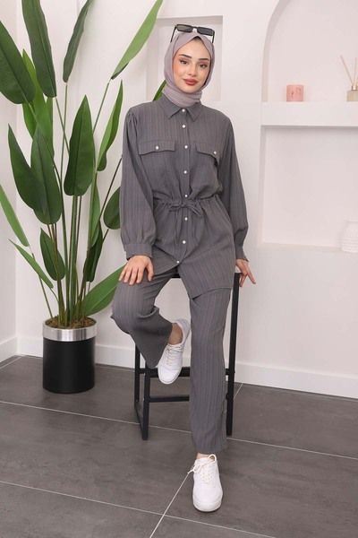 İmajButik Set tunică și pantaloni afumati - buzunare și șnur în talie