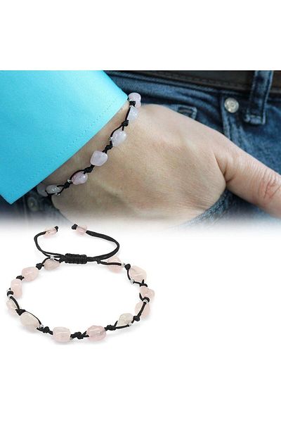 Tesbihane Macrame Braided Natural Cut Dorica Ball Detailed Pink Quartz Natural Stone Men's Bracelet