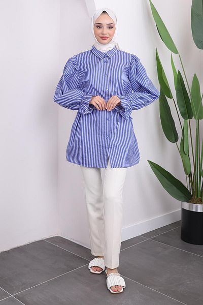 İmajButik Saks Blue 84 Manecă elastică cu talie cu șnur tunică în dungi