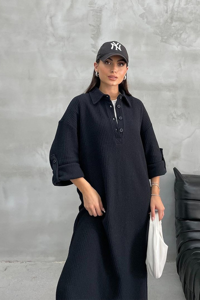 Ortaya Çık Μαύρο πλεκτό μακρύ πλεκτό φόρεμα με σκίσιμο