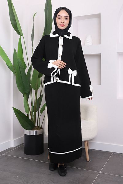 İmajButik Black Bow Cardigan Skirt Knitwear Set