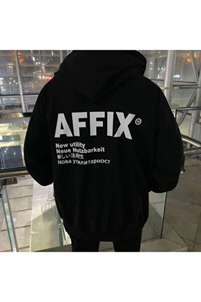 Frisson Унісекс чорна оверсайз-худі з капюшоном та принтом Affix