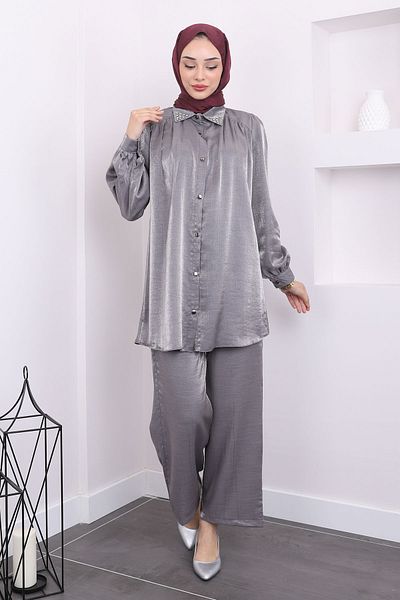 İmajButik Gray Tunic and Trousers Set with Stone Detail