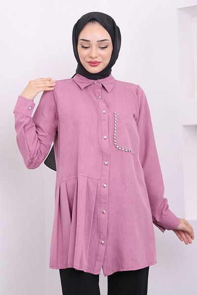 İmajButik Λινό Τούνικ - Dusty Rose με Πέτρες στην τσέπη και Πλισέ