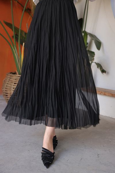 İmajButik Black Waist Elastic Pleated Long Tulle Skirt