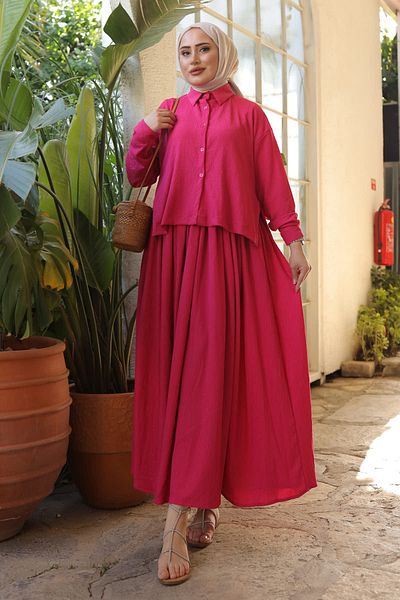 İmajButik Φούξια Μπροστινό Κοντό Πίσω Σετ Μακρύ Πουκάμισο Ζαρωμένο