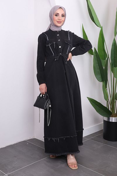 İmajButik Τζιν φόρεμα με κορδόνια σε ανθρακί χρώμα