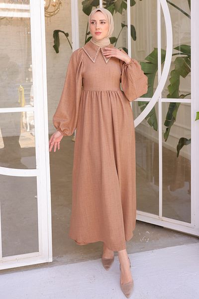 İmajButik Camel Sleeve Elastic Collar Pearl Dress