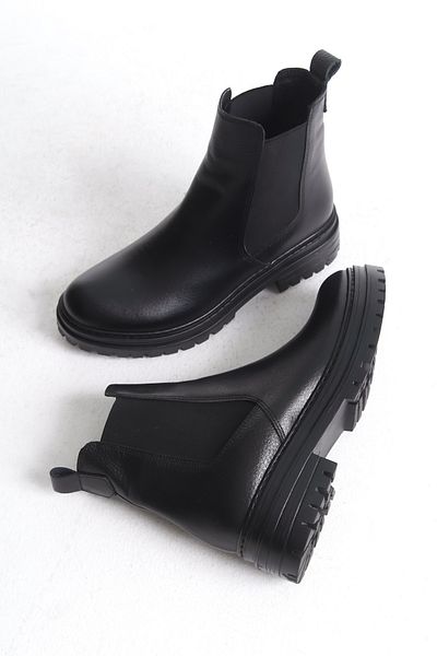 Modabuymus Kami Black Elastic Genuine Leather Daily Chelsea Boots