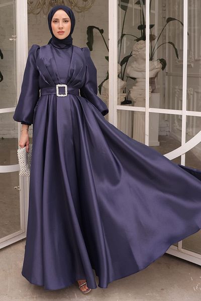 İmajButik Βραδινό φόρεμα με μπλέ μπαλόνι με μανίκια