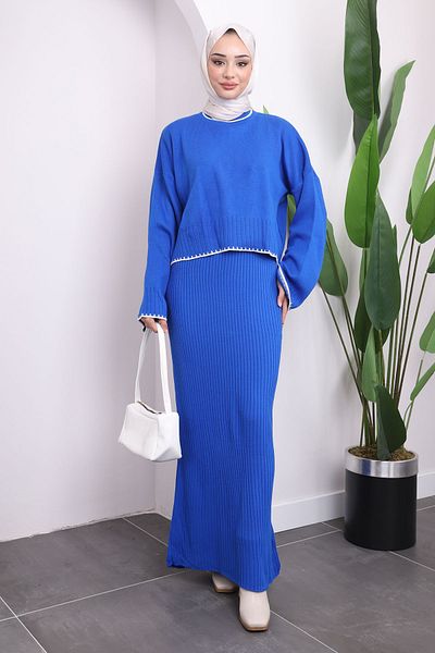 İmajButik Saks Blue Knitwear Crop Φόρεμα Διπλό Σετ