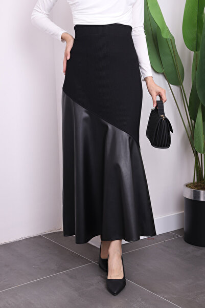 İmajButik Siyah Deri Garnili Kloş Etek