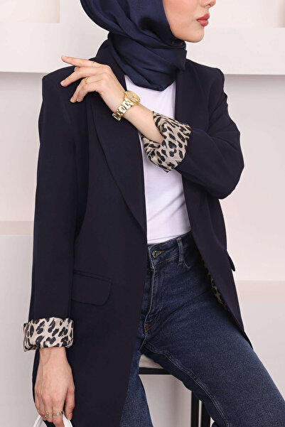 İmajButik Синій блейзер з кишенями та кружевим коміром