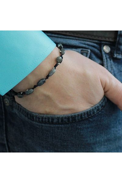 Tesbihane Macrame Braided Natural Cut Dorica Ball Detailed Labradorite Natural Stone Men's Bracelet
