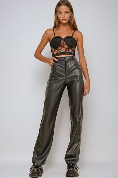 VAGGON Pantaloni Palazzo din piele artificială cu buzunare cusute la genunchi pentru femei Prm1295