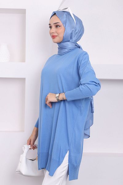 İmajButik Indigo Crew Neck Mercerized Casual Knitwear Tunic