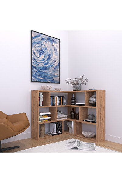 AYMOBSAN Asya Dekoratif, 12 Raflı, Köşe Kitaplık, Atlantik Çam