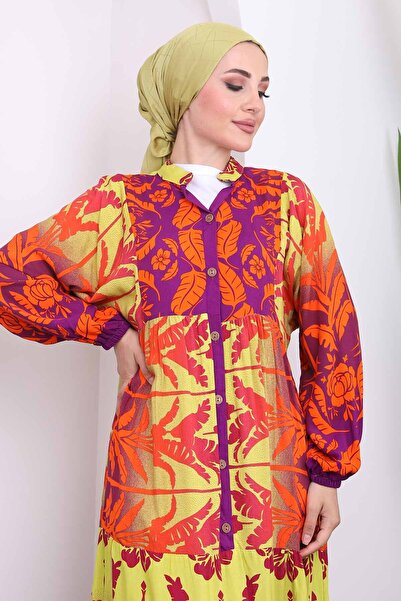 İmajButik Μωβ φόρεμα από βισκόζη με πολυστρωματική φούστα και μισό κουμπί