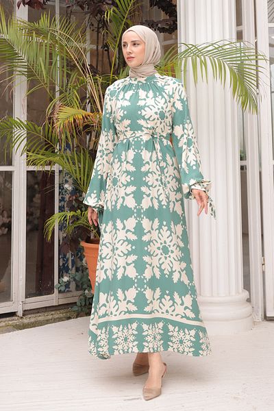 İmajButik Mint Patterned Viscose Dress - Sleeve Tied
