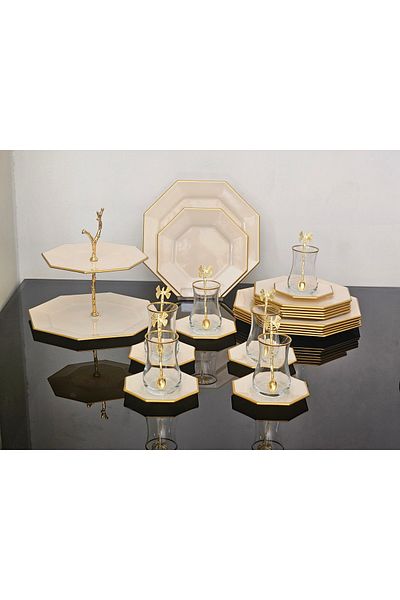 atabey home collection طقم تقديم شاي كيك مكون من 31 قطعة من الزجاج الذهبي الكريمي لـ 6 أشخاص
