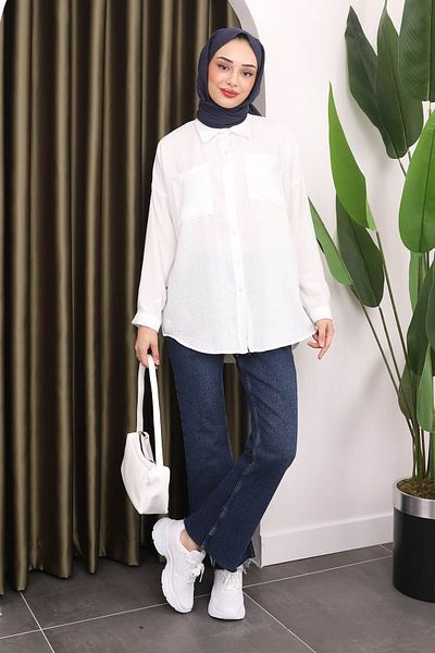 İmajButik Linen Shirt - White and Pocket