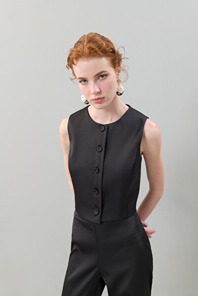 Roman Bisiklet Yaka Düğmeli Saten Yelek Siyah K2517019_001