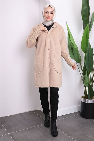 İmajButik Μπεζ παλτό με κουκούλα Angora