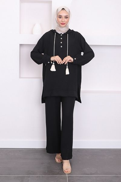 İmajButik Σετ μαύρο χιτώνα και παντελόνι με κουκούλα