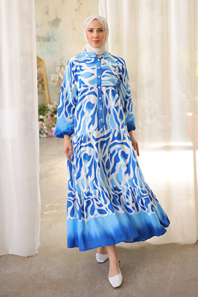 İmajButik Φόρεμα από βισκόζη με μπλε γιακά Saks και ελαστικά μανίκια με σχέδιο