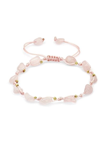 Tesbihane Macrame Braided Natural Cut Dorica Ball Detailed Pink Quartz Natural Stone Women's Bracelet