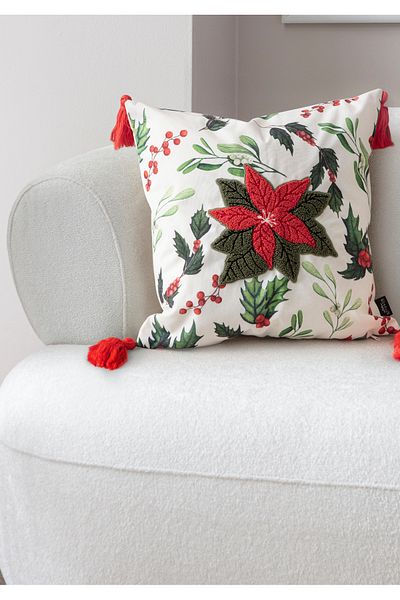 BUGİ HOME COLLECTİON Kokina Flower Premium Series Punch Embroidered Single Decorative Throw Pillow Cover 45X45 cm