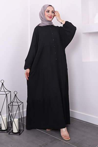 İmajButik Rochie neagră largi, cu fustă cu etaje și mâneci elastice