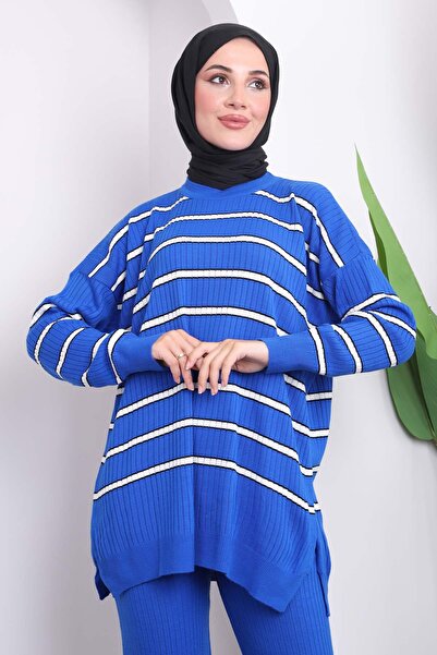 İmajButik Σετ παντελόνι Saks Μπλε ριγέ πλεκτό